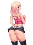  arms_at_sides ass bangs black_legwear blonde_hair blue_eyes blunt_bangs breasts cowboy_shot from_behind hand_on_own_chest ishimiso_(ishimura) large_breasts lips long_hair looking_at_viewer microskirt miniskirt original pink_shirt pouty_lips shirt simple_background skindentation skirt solo t-back tank_top thighhighs thighs thong whale_tail white_background 