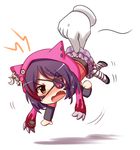  animal_hood brown_eyes cat_hood chibi d: eyepatch fang hayasaka_(neoneet) hayasaka_mirei heart heart_eyepatch hood idolmaster idolmaster_cinderella_girls idolmaster_cinderella_girls_starlight_stage multicolored_hair open_mouth picking_up purple_hair red_hair short_hair simple_background solo streaked_hair striped striped_legwear thighhighs v-shaped_eyebrows white_background zettai_ryouiki 