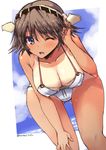  ass ass_visible_through_thighs bare_shoulders bikini blue_eyes blush breasts brown_hair hairband hand_on_own_head hand_on_own_knee headgear hiei_(kantai_collection) kantai_collection large_breasts leaning_forward looking_at_viewer one-piece_tan one_eye_closed shinshin short_hair side-tie_bikini solo swimsuit tan tanline thigh_gap thighs twitter_username white_bikini 