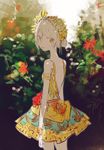  arms_at_sides bare_back blurry blurry_background bush closed_mouth cowboy_shot dress expressionless flower from_behind leaf looking_back original outdoors red_flower short_hair sketch solo standing sumi_(pixiv619693) white_hair yellow_dress 