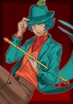  blue_hair dark_skin dark_skinned_male fedora flute grey_eyes hat instrument krishna_(shin_megami_tensei_iv_final) magatsumagic male_focus shin_megami_tensei_iv_final solo staff 