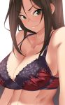  1girl bare_shoulders bra breasts brown_eyes brown_hair cleavage closed_mouth collarbone commentary_request eyebrows_visible_through_hair fang fukushi_ryouhei highres idolmaster idolmaster_cinderella_girls lace lace_bra large_breasts long_hair looking_at_viewer midriff mukai_takumi stomach underwear 