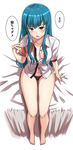  bare_legs barefoot black_panties blue_hair full_body hinanawi_tenshi hips legs long_hair looking_at_viewer michihasu navel open_clothes open_shirt panties red_eyes shirt simple_background sitting solo thighs touhou translated underwear undone_bowtie undressing white_background 