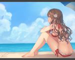  2016 artist_name ass back barefoot beach beach_umbrella bikini breasts brown_eyes brown_hair butt_crack closed_mouth cloud crossed_arms curly_hair dated day expressionless flower frilled_bikini frills from_side hair_flower hair_ornament highres letterboxed long_hair medium_breasts momoko_(momopoco) ocean original outdoors profile red_bikini side-tie_bikini sideboob signature sitting sky solo swimsuit twitter_username umbrella water wavy_hair 