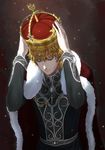  absurdres adjusting_headwear blonde_hair blue_eyes cape crown ginga_eiyuu_densetsu hands_on_headwear highres khaos_(blackmoth) looking_down male_focus red_cape reinhard_von_lohengramm royal_robe solo standing 