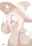  breasts cleavage collarbone dress hair_over_one_eye half-closed_eyes hat little_witch_academia long_hair long_sleeves medium_breasts randou simple_background sleeves_past_wrists smile solo sucy_manbavaran white_background wide_sleeves witch witch_hat 