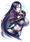  black_gloves blush breasts covered_navel covered_nipples fate/grand_order fate_(series) fingerless_gloves gloves grabbing grabbing_own_breast highres huge_breasts light_smile long_hair looking_at_viewer minamoto_no_raikou_(fate/grand_order) open_mouth purple_eyes purple_hair revision rope simosi skin_tight smile solo very_long_hair 