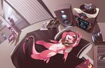  ambiguous_gender anthro apartment bedding black_hair blanket blinds clothing collar dragon fish hair headphones hood hoodie human looking_at_viewer mako_(rudragon) male mammal marine pillow pink_hair purple_hair record record_player ru_(rudragon) rudragon shark sleeves sliding_door stereo 