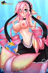  2016 absurd_res areola big_breasts blue_eyes blush breasts clothed clothing drill_hair eyelashes female fin fish hair head_fin hi_res humanoid long_hair looking_at_viewer marine merfolk meroune_lorelei_(monster_musume) monster_musume nipples patreon pink_hair rainbowscreen solo topless underwater water webbed_hands 