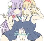  alice_margatroid alternate_costume armpits bangs blonde_hair blue_eyes blue_swimsuit blunt_bangs breast_press breasts colored_eyelashes double_bun hairband hat holding_hands large_breasts long_hair looking_at_viewer mob_cap multiple_girls one-piece_swimsuit open_mouth patchouli_knowledge purple_eyes purple_hair school_uniform shigemiya_kyouhei short_hair swimsuit symmetrical_docking touhou twitter_username v v_over_eye 