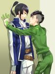  black_hair blush flynn_(smt4) green_eyes magatsumagic male_focus mohawk multiple_boys nanashi_(shin_megami_tensei_iv_final) ponytail shin_megami_tensei_iv shin_megami_tensei_iv_final sweatdrop tattoo wall_slam yaoi 