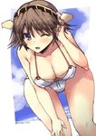  ass ass_visible_through_thighs bare_shoulders bikini blue_eyes blush breasts brown_hair hairband hand_on_own_head hand_on_own_knee headgear hiei_(kantai_collection) kantai_collection large_breasts leaning_forward looking_at_viewer one_eye_closed shinshin short_hair side-tie_bikini solo swimsuit thigh_gap thighs twitter_username white_bikini 