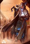  absurdres ana_(overwatch) cloak eyepatch grey_hair gun highres hijab hologram hood mothman_(the_m0thman) old_woman over_shoulder overwatch pharah_(overwatch) rifle smile sniper_rifle solo weapon weapon_over_shoulder 