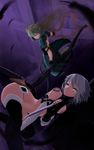  absurdres atalanta_(fate) bow_(weapon) fate/apocrypha fate_(series) feathers gloves green_eyes green_hair grey_hair highres jack_the_ripper_(fate/apocrypha) mukade_(siieregannsu) multiple_girls thighhighs thighs weapon 