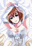  blue_eyes breasts bridal_veil brown_hair cleavage detached_sleeves dress hair_ornament hairclip highres jewelry large_breasts looking_at_viewer lyrical_nanoha mahou_shoujo_lyrical_nanoha_strikers necklace schwertkreuz short_hair smile solo strapless strapless_dress tappa_(esperanza) veil wedding_dress white_dress x_hair_ornament yagami_hayate 