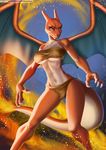  2016 alanscampos anthro bra charizard clothing fangs female loincloth nintendo pok&eacute;mon smile solo underwear video_games wings 