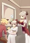  2girls alicia_(granblue_fantasy) aliza_(granblue_fantasy) animal_ears baby blonde_hair breasts center_opening cleavage couch draph dress erune granblue_fantasy horns if_they_mated large_breasts long_dress long_hair mother_and_child mother_and_daughter multiple_boys multiple_girls pointy_ears ponytail red_eyes silver_hair sitting stan_(grandblue_fantasy) zaru_no_naka_ni_aru_saikoro 