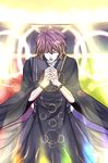  beads brown_hair closed_eyes energy gradient_hair hands_clasped hijiri_myouren light long_sleeves male_focus multicolored_hair naozi open_mouth own_hands_together prayer_beads purple_hair robe solo touhou 