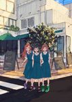  blue_dress blue_hair bracelet brown_hair building collared_shirt commentary_request day dress highres jewelry long_hair multiple_girls orange_hair original outdoors pinafore_dress road shirt shoes short_hair side-by-side sign sketch sneakers standing street sumi_(pixiv619693) tree 