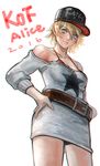 2016 alice_(fatal_fury) bare_shoulders baseball_cap belt blonde_hair blue_eyes blush breasts character_name chromatic_aberration cleavage copyright_name cowboy_shot dress fatal_fury hands_on_hips hat highres k.c large_breasts looking_at_viewer off_shoulder red_bikini_top short_hair simple_background solo the_king_of_fighters the_king_of_fighters_xiv white_background 