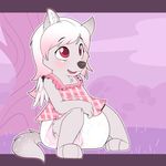  anthro blush canine clothing cub cuddlehooves diaper female fur grey_fur hair mammal open_mouth paws red_eyes simple_background solo white_hair wolf young 
