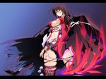  belt belt_buckle black_hair blue_background braid breasts buckle claws closed_mouth cowboy_shot expressionless from_below highres large_breasts letterboxed long_hair looking_away minikama navel red_shirt revealing_clothes shiny shiny_skin shirt solo tales_of_(series) tales_of_berseria underboob velvet_crowe yellow_eyes 