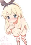  blonde_hair blue_eyes blush breasts covering covering_breasts covering_crotch hairband highres kantai_collection long_hair looking_at_viewer nude shimakaze_(kantai_collection) shiso_azuki simple_background small_breasts solo striped striped_legwear thighhighs twitter_username white_background 