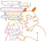  2016 anthro clothed clothing comic dialogue disney duo english_text eyes_closed feline female fur humor male mammal mayor_swinton pig porcine simple_background text the_weaver tiger zootopia 