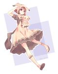  absurdres animal_hat bad_proportions boots brown_hair character_doll dress full_body gen_7_pokemon hat highres kryfass mimikyu moemon personification pokemon purple_eyes short_hair signature simple_background smile solo yellow_dress yellow_footwear 