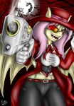  alucard_(hellsing) bat clothing equine eyewear female fierce_wendigo_(artist) fluttershy_(mlp) friendship_is_magic glasses glowing glowing_eyes gun hat horse mammal moon my_little_pony pants pony ranged_weapon ribbons smoke weapon 