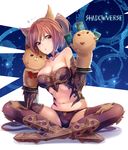  animal_ears armor armored_boots bangs bare_shoulders bikini_armor black_legwear black_panties boots breasts card cerberus_(shingeki_no_bahamut) cleavage collarbone copyright_name crossed_ankles dog_ears eyebrows eyebrows_visible_through_hair full_body granblue_fantasy hair_between_eyes hand_puppet highres indian_style light_particles long_hair mappaninatta medium_breasts navel panties puppet red_armor red_eyes red_hair shadowverse shingeki_no_bahamut sitting solo splatter stomach sweat thighhighs twintails underwear vambraces 