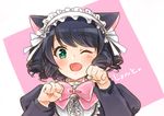  ;d animal_ears bell black_hair bow cat_ears cyan_(show_by_rock!!) green_eyes ichigokono maid_headdress one_eye_closed open_mouth paw_pose puffy_sleeves show_by_rock!! smile solo upper_body 