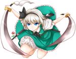 &gt;:( black_hairband black_ribbon bloomers commentary_request dual_wielding foreshortening frown green_skirt green_vest grey_hair hair_ribbon hairband highres holding hoshi_(menma) katana konpaku_youmu leaning_forward looking_at_viewer puffy_short_sleeves puffy_sleeves ribbon scabbard sheath short_hair short_sleeves skirt skirt_set solo sword touhou underwear unsheathed v-shaped_eyebrows vest weapon white_background 