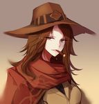  black_shirt breasts brown_eyes brown_hair brown_hat brown_jacket cape cigar cowboy_hat eyebrows eyebrows_visible_through_hair eyelashes genderswap genderswap_(mtf) gradient gradient_background hat highres jacket lips lipstick long_hair looking_at_viewer makeup mccree_(overwatch) medium_breasts mouth_hold overwatch pink_lips poncho red_cape shiguru shirt slit_pupils solo torn_clothes torn_hat upper_body 