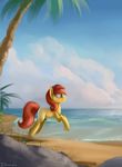  2016 beach blue_eyes cutie_mark day detailed_background earth_pony equine eyelashes fan_character female feral fur hair hooves horse mammal my_little_pony nude outside pony red_hair sand seaside shamanguli smile solo yellow_fur 