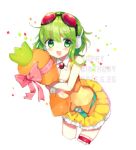  1girl :d belt blush breasts brooch carrot_pillow cleavage commentary_request confetti covered_navel cropped_legs dated detached_collar goggles goggles_on_head green_belt green_eyes green_hair gumi happy_birthday headphones jewelry leaning_forward looking_at_viewer miniskirt open_mouth orange_shirt orange_skirt pillow pillow_hug pink_ribbon pleated_skirt ribbon see-through shirt short_hair_with_long_locks skirt sleeveless sleeveless_shirt smile solo thigh_strap vocaloid wrist_cuffs youichi_(45_01) 