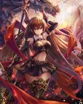  bare_shoulders belt black_legwear black_skirt brown_hair cleavage_cutout demon_horns dragon draph fantasy forte_(shingeki_no_bahamut) gauntlets horns long_hair md5_mismatch midriff navel outdoors polearm pouch red_eyes saya_kuroha shadowverse shingeki_no_bahamut skirt solo standing sunlight very_long_hair weapon 