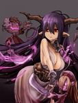  antenna_hair bandaged_arm bandages bare_shoulders black_gloves breasts cleavage cockadooodledoo crescent dagger danua draph dress drooling fingerless_gloves gloves granblue_fantasy gretel_(granblue_fantasy) grey_background hansel_(granblue_fantasy) horn_ornament horns jewelry large_breasts long_hair necklace open_mouth pointy_ears purple_hair red_eyes saliva sideboob simple_background solo stuffed_toy weapon white_dress 