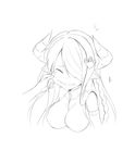  blush breasts cheek_pinching cleavage closed_eyes draph granblue_fantasy greyscale hair_over_one_eye horns large_breasts long_hair monochrome narmaya_(granblue_fantasy) pinching pointy_ears seedkeng sketch solo_focus 