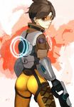  ass bad_id bad_pixiv_id bodysuit bomber_jacket brown_eyes brown_hair cowboy_shot from_behind from_side gloves goggles gun handgun jacket light_smile looking_at_viewer looking_back looking_to_the_side orange_bodysuit overwatch patch scroll_lock_(scrool5) short_hair signature solo spiked_hair tracer_(overwatch) union_jack weapon 