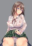  areolae breasts brown_hair covered_nipples eburi_a green_skirt large_breasts long_hair original panties plaid plaid_skirt purple_eyes school_uniform see-through simple_background skirt skirt_lift smile solo underwear wet wet_clothes wet_panties 