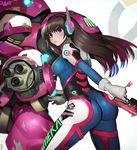  acronym arm_cannon armor ass bad_artstation_id bad_id bangs bodysuit boots bracer breasts brown_eyes brown_hair charm_(object) closed_mouth d.va_(overwatch) doritos emblem eyelashes facepaint facial_mark from_behind gatling_gun gloves gun headphones highres holding holding_gun holding_weapon logo long_hair long_sleeves looking_back mecha medium_breasts meka_(overwatch) overwatch pauldrons pilot_suit randy_(awesomevillage) shoulder_pads skin_tight solo swept_bangs thigh_boots thigh_strap thighhighs weapon whisker_markings white_footwear white_gloves 