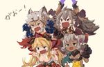  :d alternate_costume animal_ears aqua_eyes arms_up berserker_(granblue_fantasy) black_gloves blonde_hair blue_eyes breasts brown_eyes cat_ears cat_paws claw_pose cleavage dark_skin djeeta_(granblue_fantasy) draph erune fang flower gao gauntlets gloves granblue_fantasy grey_hair hair_flower hair_ornament hallessena highres horns long_hair medium_breasts melleau multiple_girls open_mouth paw_gloves paws pointy_ears red_eyes short_hair silf_(leafeonlove) simple_background smile thalatha_(granblue_fantasy) v-shaped_eyebrows wolf_pelt yellow_background 