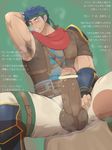  abs armpit bara blue_eyes blue_hair blush body_hair erection fire_emblem fire_emblem:_akatsuki_no_megami foreskin gloves ike large_penis male_focus muscle penis scarf sitting smegma steam sweat testicles text 