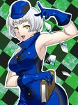  :d argyle argyle_background armpits bare_shoulders blue_dress blue_gloves book breasts card commentary_request dress elizabeth_(persona) gloves hat holding holding_book looking_at_viewer medium_breasts okyou open_mouth persona persona_3 short_hair sleeveless sleeveless_dress smile solo upper_body white_hair yellow_eyes 