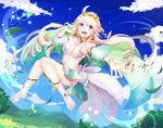  anklet asuo_minus barefoot barefoot_sandals blonde_hair blue_eyes breasts cleavage cloud collar day highres hill jewelry large_breasts leaf long_hair open_mouth original skirt sky smile solo tiara toe_ring 