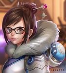  absurdres artist_name bangs beads black-framed_eyewear brown_eyes brown_hair canister closed_mouth coat drone eyelashes from_side fur-trimmed_jacket fur_coat fur_collar fur_trim glasses hair_bun hair_ornament hair_stick highres jacket lekatto lips looking_at_viewer mei_(overwatch) overwatch parka pink_lips robot short_hair sidelocks smile snowball_(overwatch) snowflake_hair_ornament solo swept_bangs upper_body winter_clothes winter_coat 