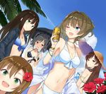  azuuru bare_shoulders beer_can bikini black_bikini blue_bikini blue_eyes blush bow breasts brown_eyes brown_hair can cleavage cloud cloudy_sky day drill_hair dutch_angle earrings eyebrows eyebrows_visible_through_hair flower frilled_bikini frills from_behind front-tie_top green_eyes green_hair hair_between_eyes hair_bow hair_flower hair_ornament hair_ribbon hair_up halterneck hands_in_pockets hat height_difference hood hooded_jacket idolmaster idolmaster_cinderella_girls jacket jewelry kanzaki_ranko light_brown_hair light_smile long_hair looking_at_another looking_at_viewer medium_breasts mole mole_under_eye multiple_girls navel nitta_minami one_eye_closed open_clothes open_jacket open_mouth outdoors red_eyes ribbon shibuya_rin short_hair sky small_breasts smile stomach straight_hair straw_hat swimsuit tada_riina takagaki_kaede twin_drills under_umbrella wavy_mouth white_bikini 