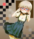  :d adjusting_eyewear bespectacled blue_eyes blush breasts character_name choker cleavage cockadooodledoo collarbone cowboy_shot dirndl dress german_clothes glasses highres iron_cross kantai_collection open_mouth outline red-framed_eyewear short_hair short_sleeves silver_hair small_breasts smile solo traditional_clothes twitter_username z1_leberecht_maass_(kantai_collection) 