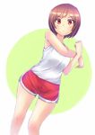  :&lt; anko_jamu blush_stickers brown_eyes brown_hair closed_mouth crossed_arms dutch_angle feet_out_of_frame gym_shorts looking_at_viewer major major_2nd mayumura_michiru short_hair shorts simple_background solo sportswear stretch tank_top two-tone_background 